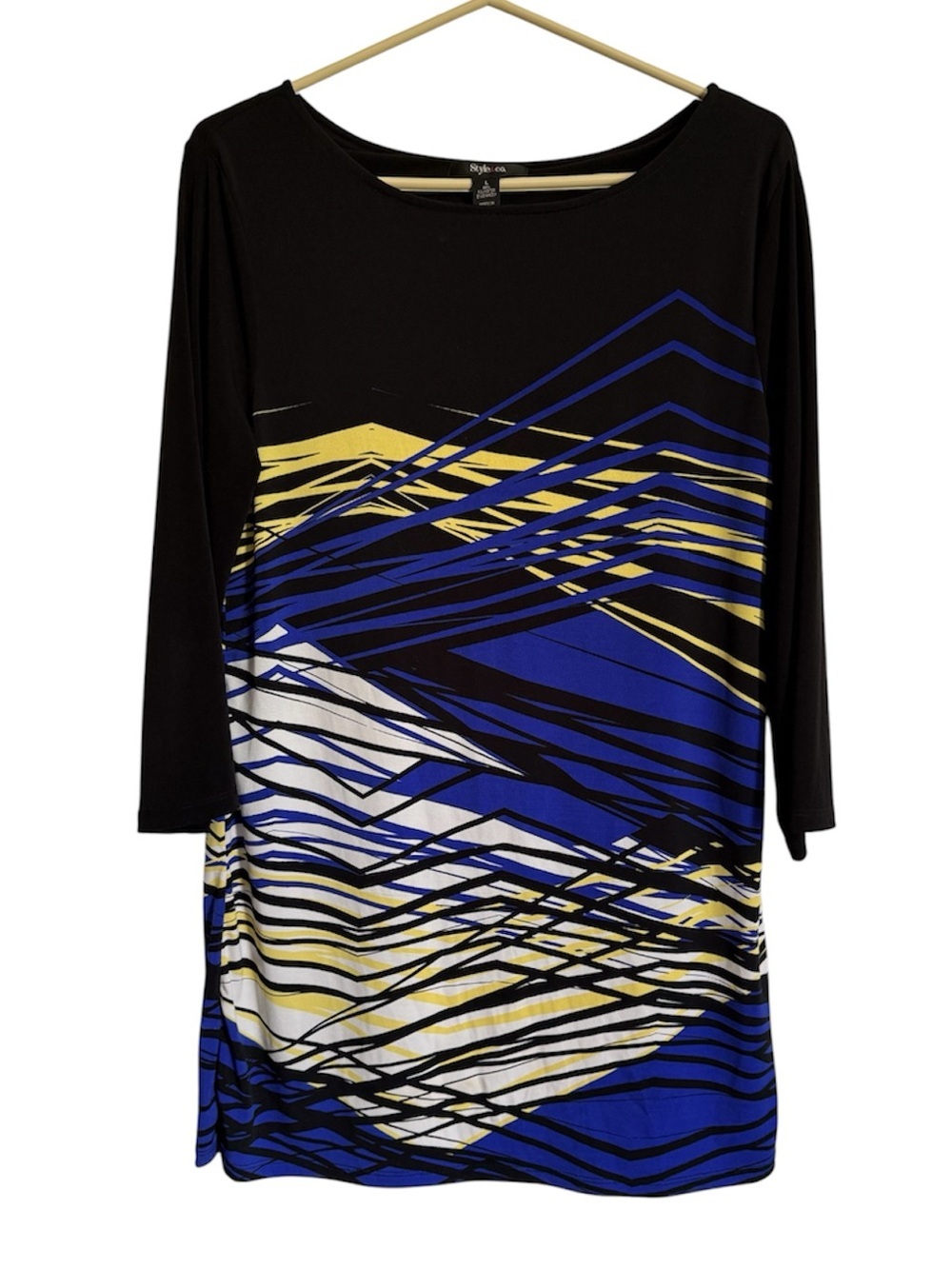 Style & Co. Black Tunic Dress with Blue, Yellow & White Graphic Print